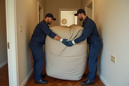 Deux déménageurs professionnels transportant un canapé encombrant dans un couloir d'appartement