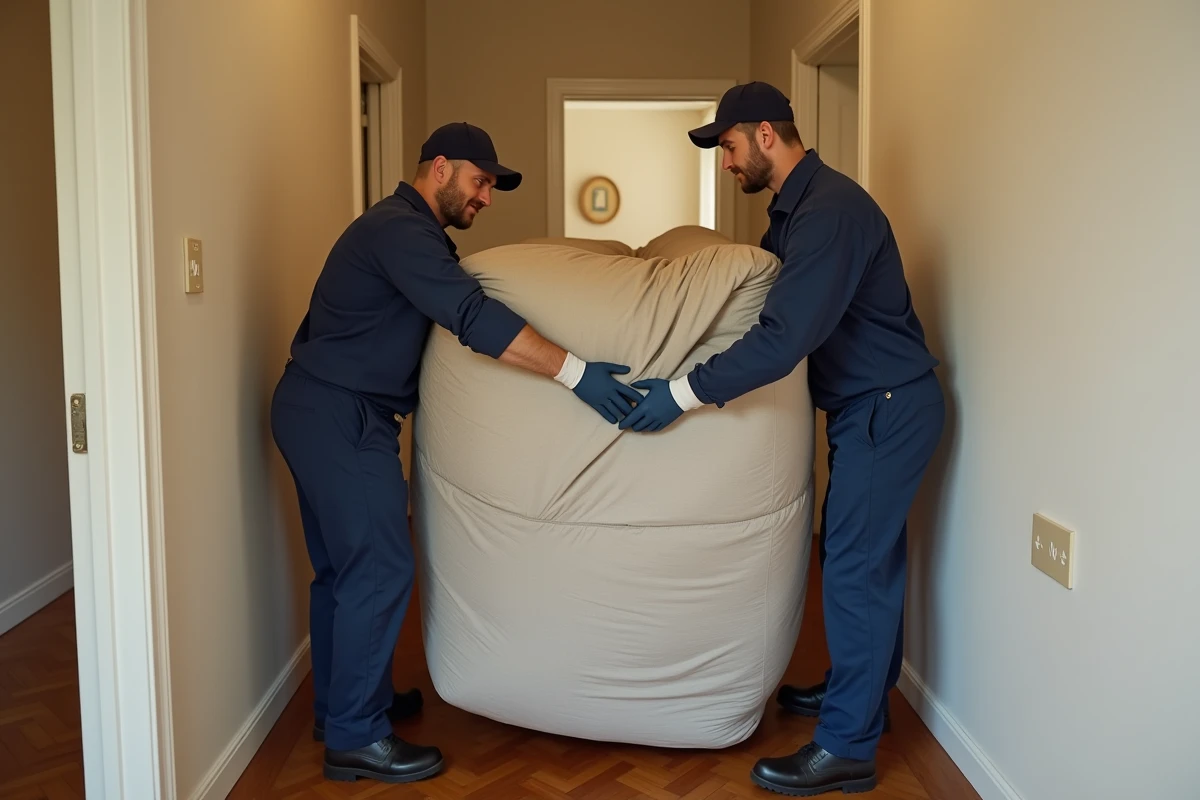Deux déménageurs professionnels transportant un canapé encombrant dans un couloir d'appartement