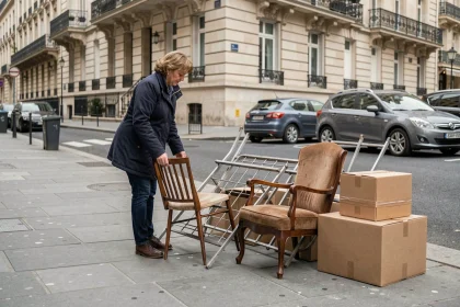 Femme déposant des encombrants sur le trottoir d'un quartier résidentiel parisien avec des meubles usagés