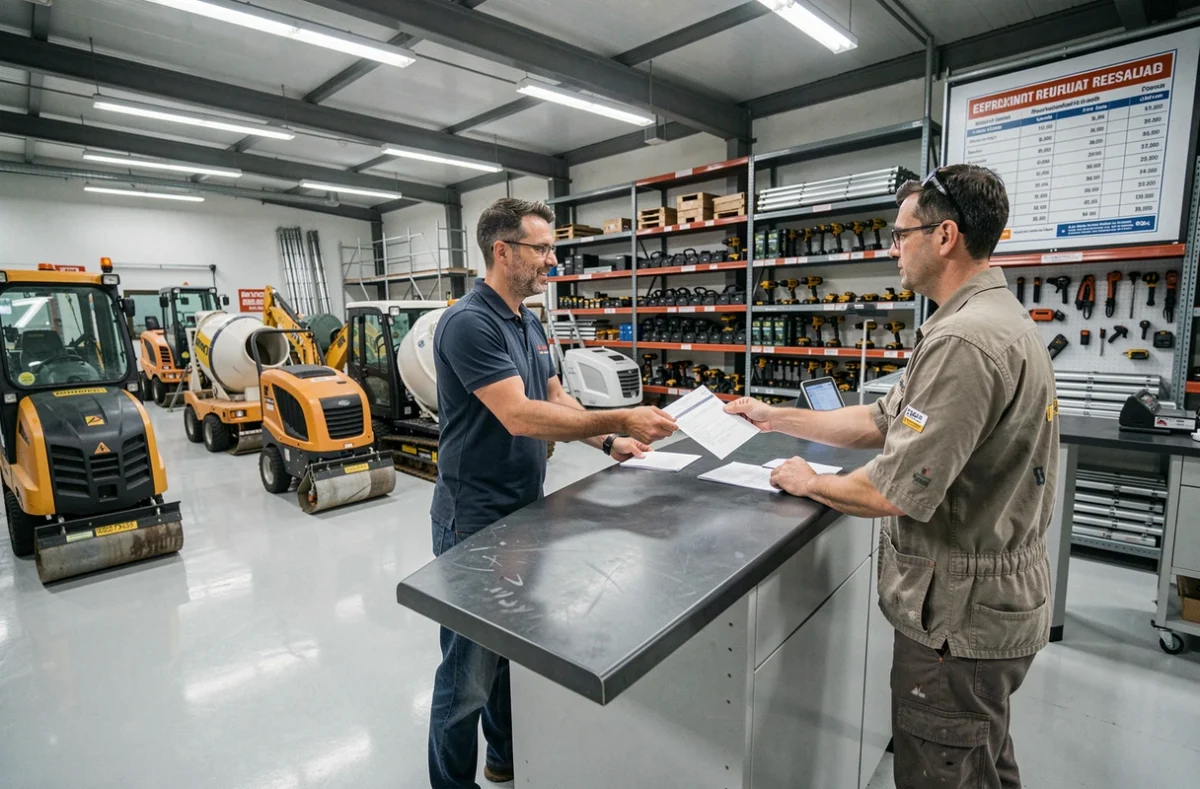 Agence de location de matériel de chantier en France avec machines de construction alignées et remise d'un contrat de location entre un agent et un artisan