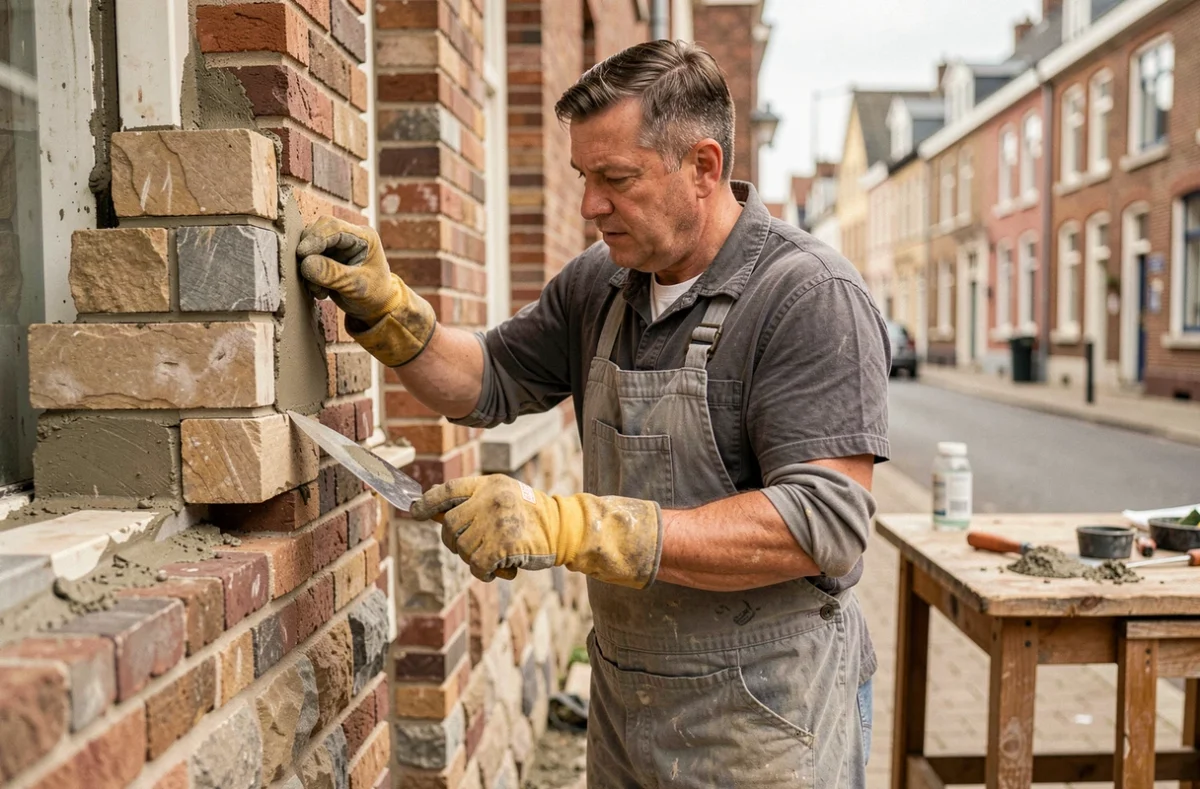 Maçon professionnel posant des blocs de pierre sur la façade d'une maison de ville lilloise pour Deschoemaker