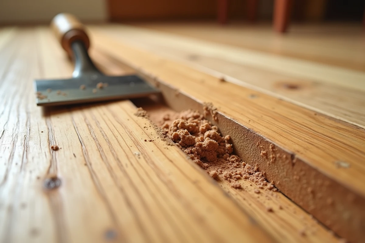 Gros plan sur un défaut de plancher en bois avec écart entre les lames et produit de ragréage pour nivellement