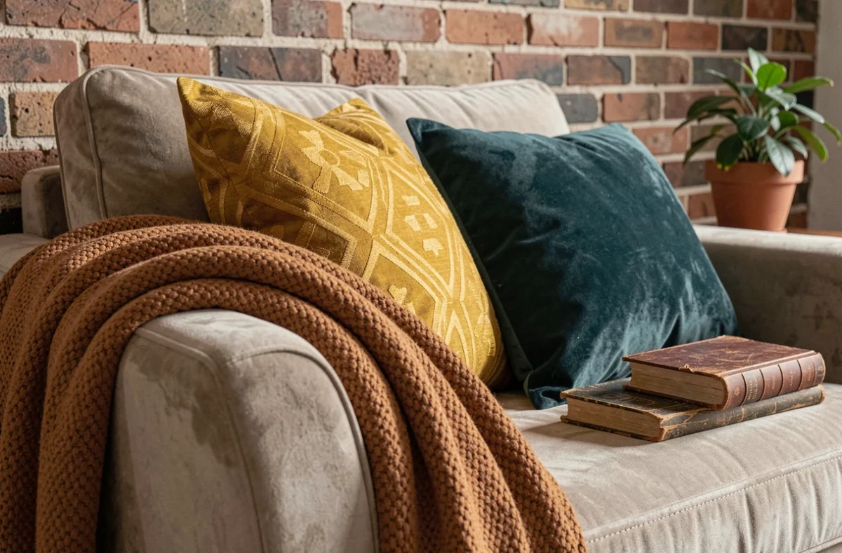 Gros plan sur un coin de canapé beige avec jeté caramel et coussins géométrique moutarde et teal dans un intérieur cosy