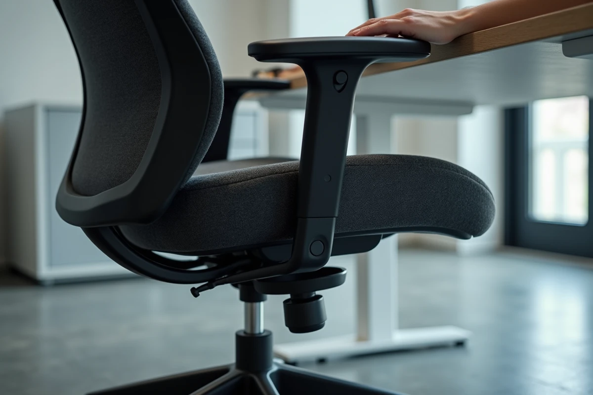 Détail du soutien lombaire et des mécanismes d'ajustement d'une chaise ergonomique haut de gamme en tissu anthracite