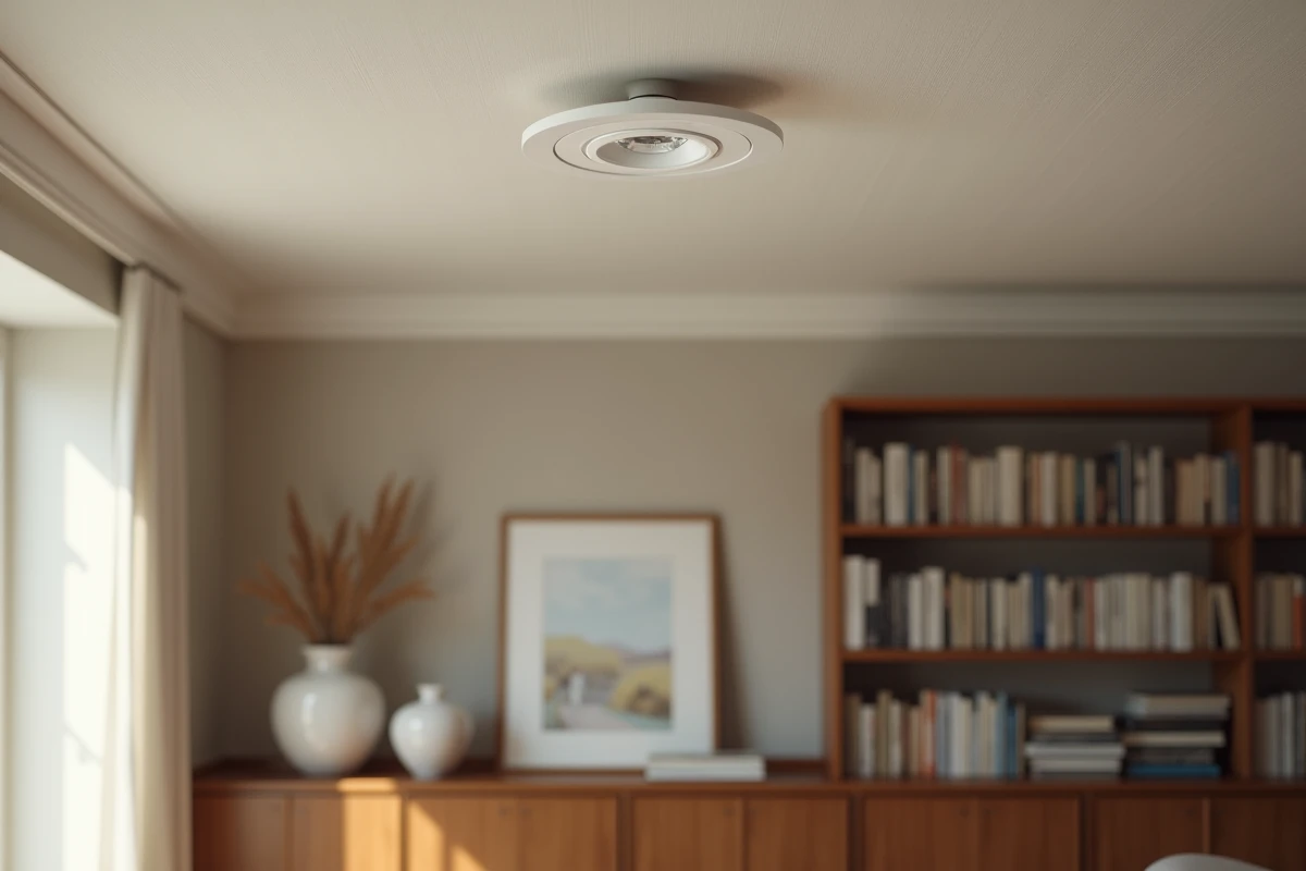 Gros plan sur un spot encastré au plafond au-dessus d'une bibliothèque dans un salon chaleureux