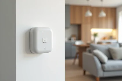 Détecteur d'humidité connecté fixé sur un mur blanc dans un appartement moderne avec fond de cuisine ouverte floutée