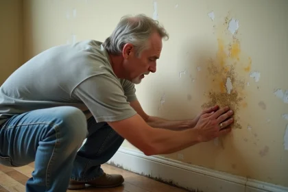 Homme inspectant une tache d'humidité et un mur infiltré avec des doigts posés sur le plâtre décollé