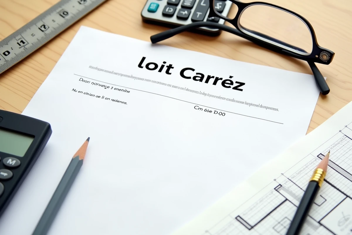 Documents loi Carrez, mètre ruban et calculatrice posés sur un bureau pour calculer la surface habitable