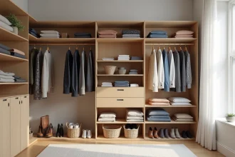 Dressing modulable en bois clair avec vêtements organisés par couleur, chaussures rangées et accessoires dans des paniers en osier
