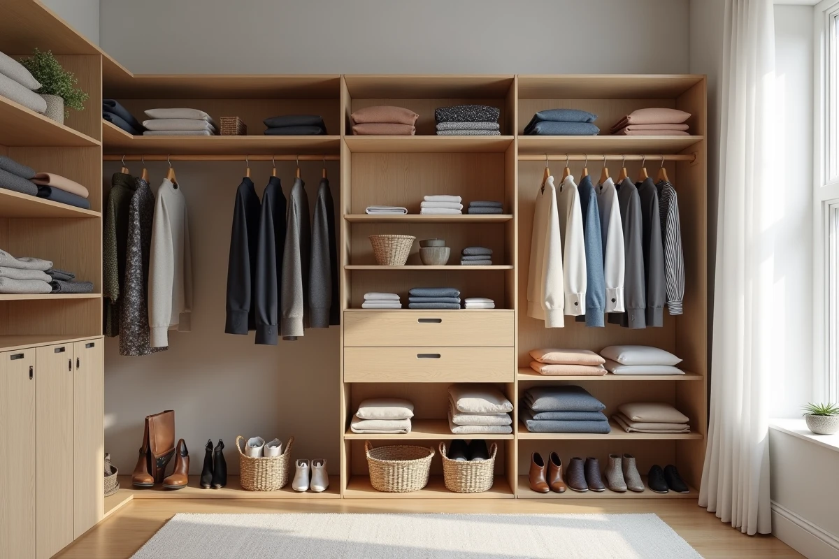 Dressing modulable en bois clair avec vêtements organisés par couleur, chaussures rangées et accessoires dans des paniers en osier