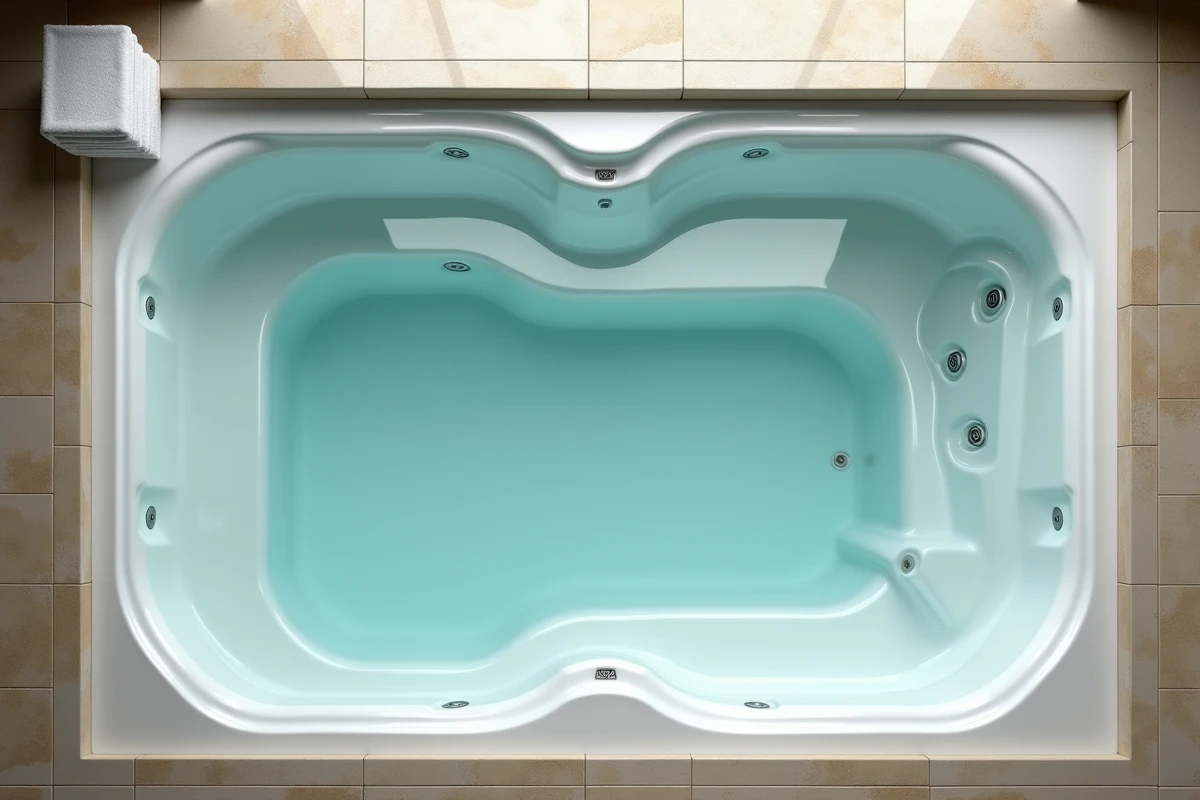 Vue plongeante d'un spa encastré avec une eau parfaitement cristalline et transparente dans un espace bien-être intérieur
