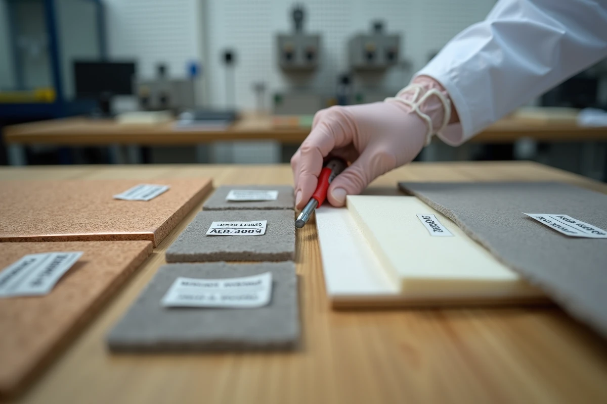 Échantillons de matériaux conducteurs et isolants thermiques comparés sur un établi de laboratoire, incluant laine, liège, cuivre et aérogel