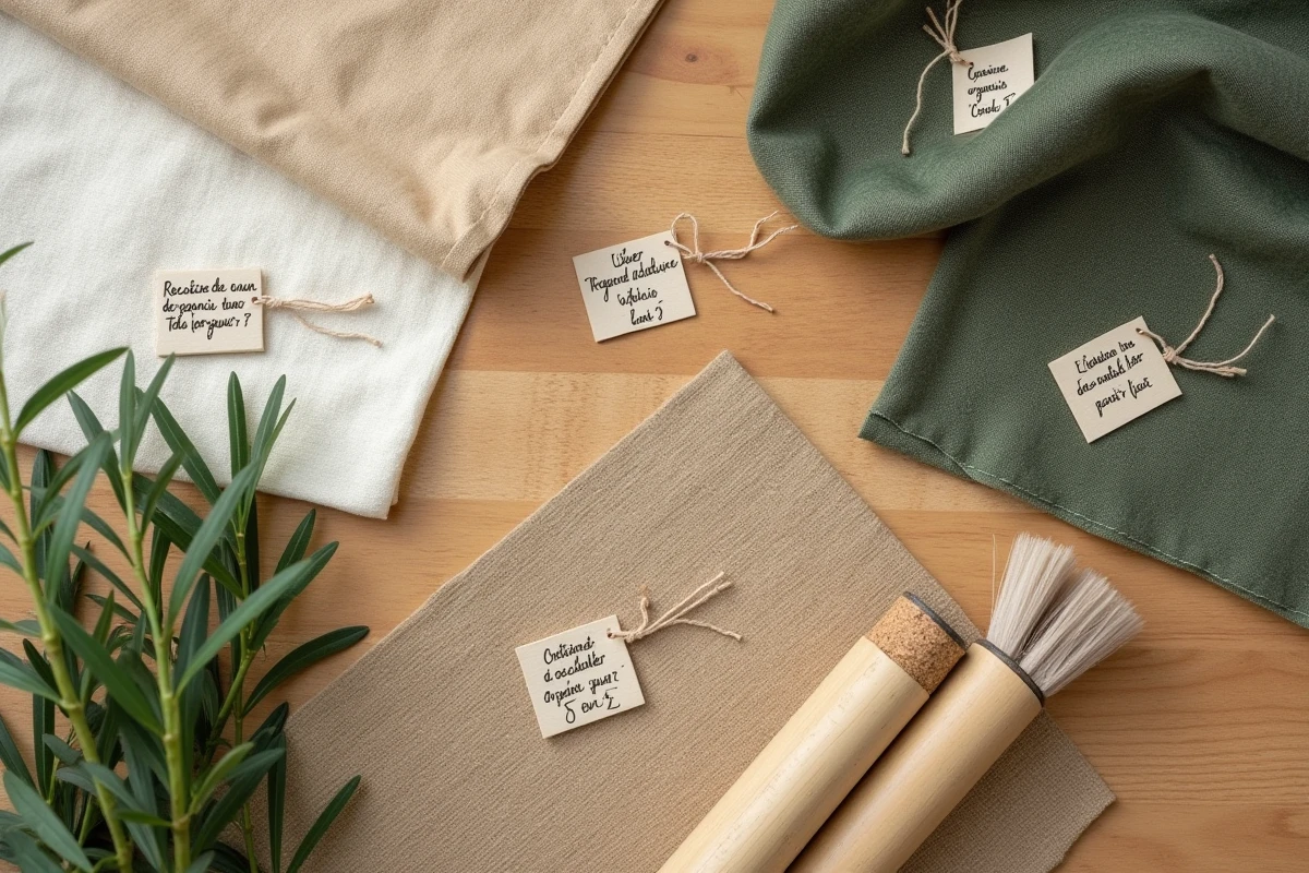 Vue de dessus de différents échantillons de matières écologiques comme le coton bio, le lin, le bambou et le liège sur une table en bois, comparaison de leur empreinte carbone
