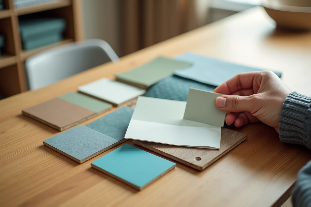 Échantillons de peinture et de tissu disposés sur une table pour choisir des couleurs complémentaires entre les pièces d'une maison