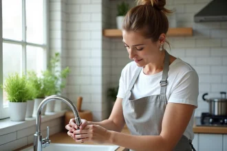 Femme installant un économiseur d'eau sur un robinet de cuisine pour réduire la consommation d'eau à domicile
