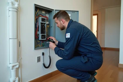 Électricien professionnel inspectant un tableau électrique lors d'un chantier de rénovation appartement