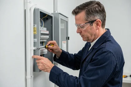 Électricien professionnel installant une goulotte PVC blanche sur un tableau électrique résidentiel