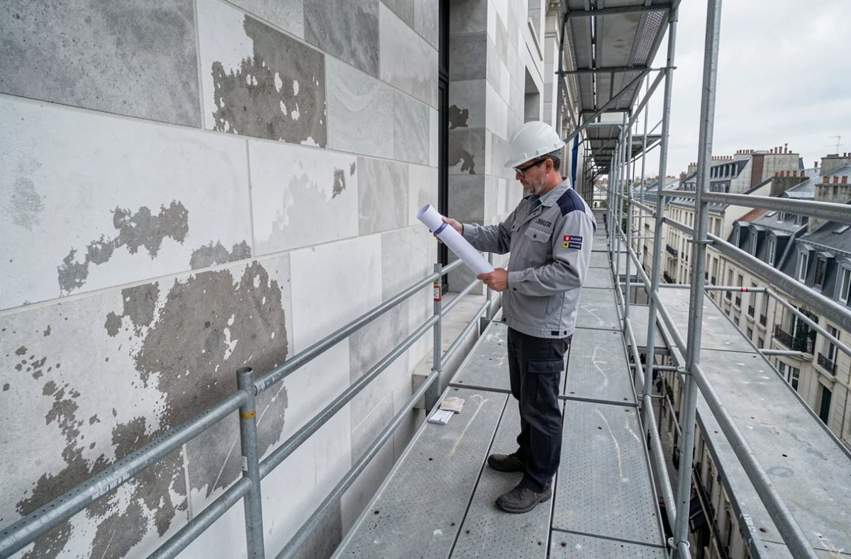 Chef de chantier d'Elite Construction supervisant un ravalement de grande envergure sur un bâtiment commercial dans l'Oise