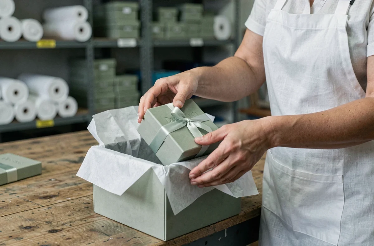 Artisane emballant une boîte bijoux verte personnalisée avec ruban satiné dans un atelier de packaging professionnel