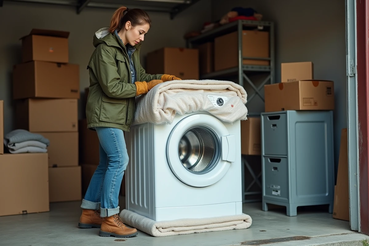 Une femme emballe un lave-linge avec des couvertures de déménagement et du film étirable dans un garage