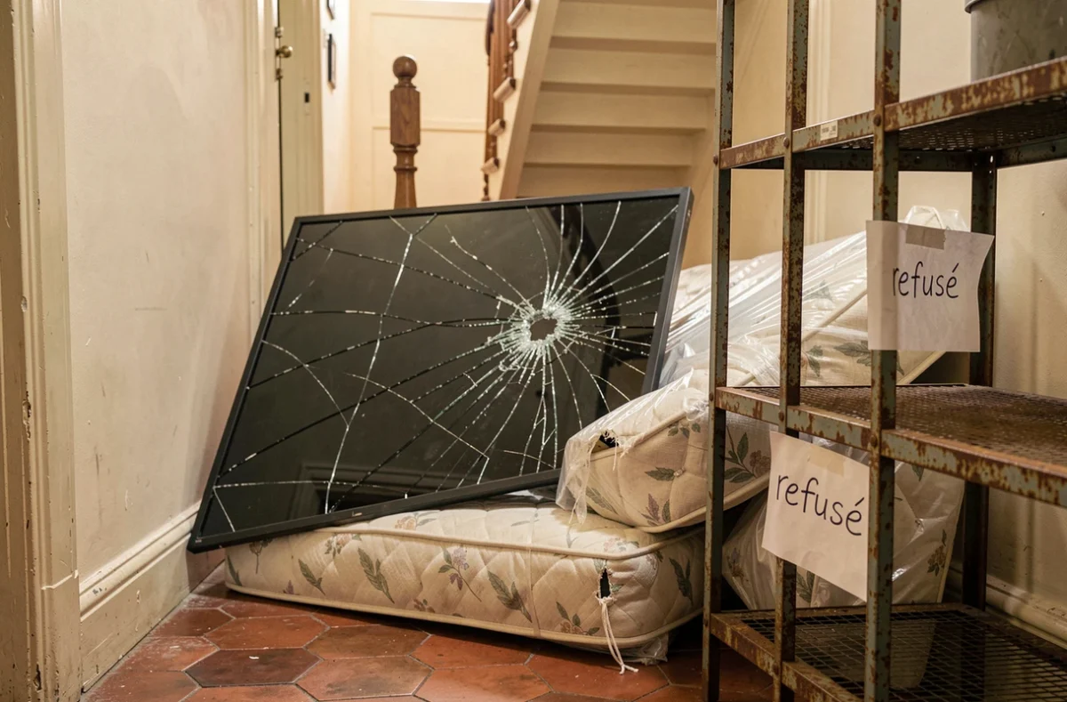 Encombrants refusés par la collecte municipale parisienne, dont un matelas et une télévision hors service, avec note de refus