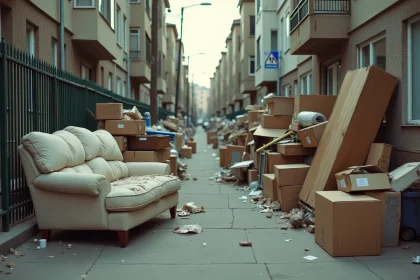 Tas d'encombrants abandonnés sur un trottoir urbain, incluant un canapé usé, une armoire cassée et un cadre de lit rouillé en attente de collecte