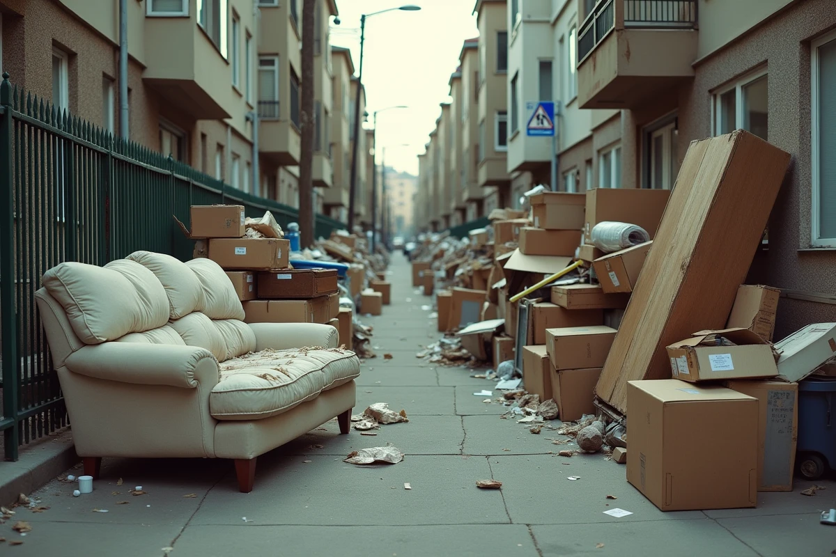 Tas d'encombrants abandonnés sur un trottoir urbain, incluant un canapé usé, une armoire cassée et un cadre de lit rouillé en attente de collecte