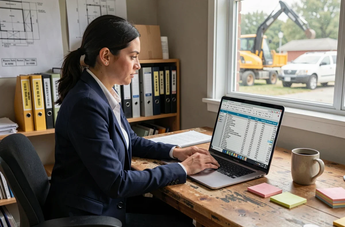 Entrepreneuse en bâtiment analysant les marges de chantier et les coûts de location d'équipements sur un ordinateur portable dans un bureau de PME du BTP