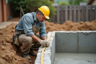 Ouvrier mesurant l'épaisseur des parois en béton d'une piscine en construction dans un jardin résidentiel