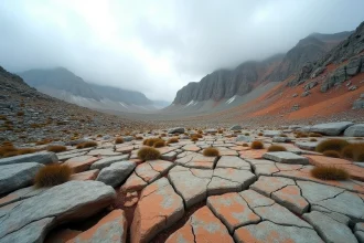 Paysage montagneux érodé par les facteurs climatiques, avec des couches sédimentaires exposées et une végétation alpine clairsemée sous un ciel nuageux