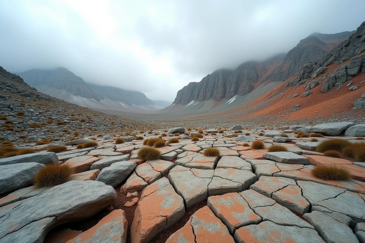 Paysage montagneux érodé par les facteurs climatiques, avec des couches sédimentaires exposées et une végétation alpine clairsemée sous un ciel nuageux