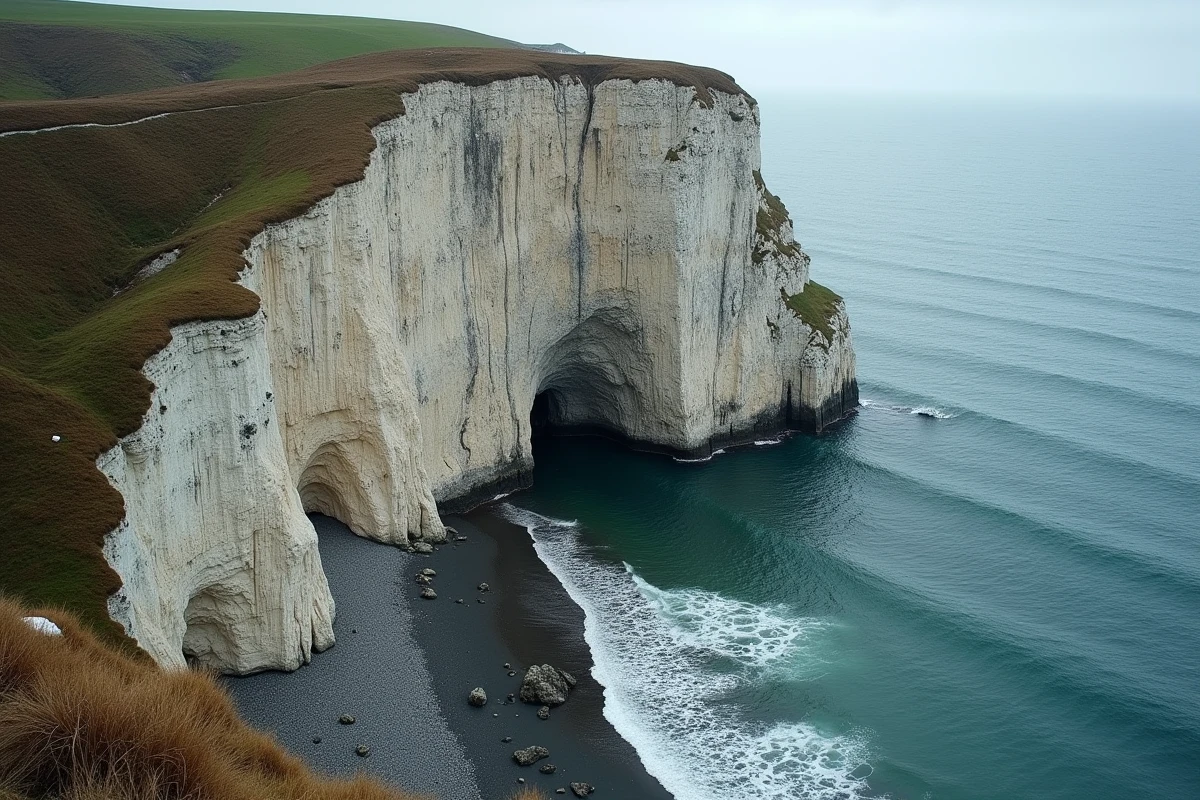 Falaise côtière en érosion active sous l'effet des embruns marins et du gel, illustrant l'impact des facteurs climatiques sur le relief littoral