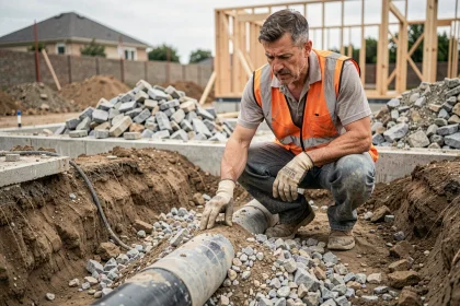 Ouvrier inspectant un drain de fondation mal posé sur un chantier de maison neuve