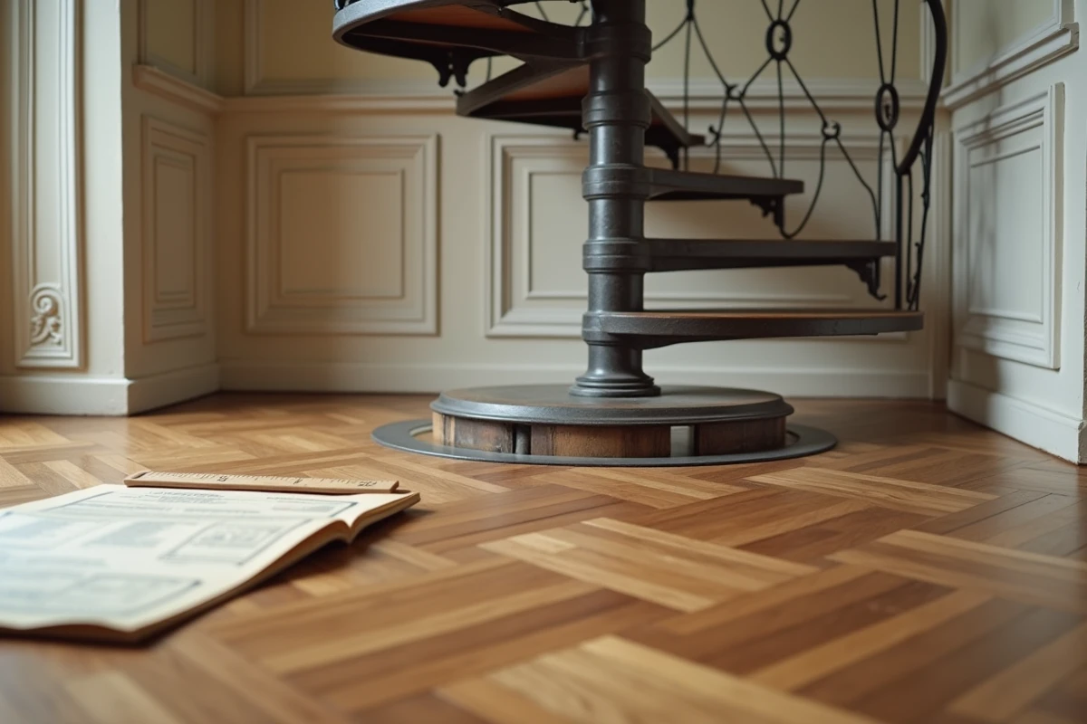 Escalier en colimaçon en fer forgé dans un appartement haussmannien avec règle et document cadastral