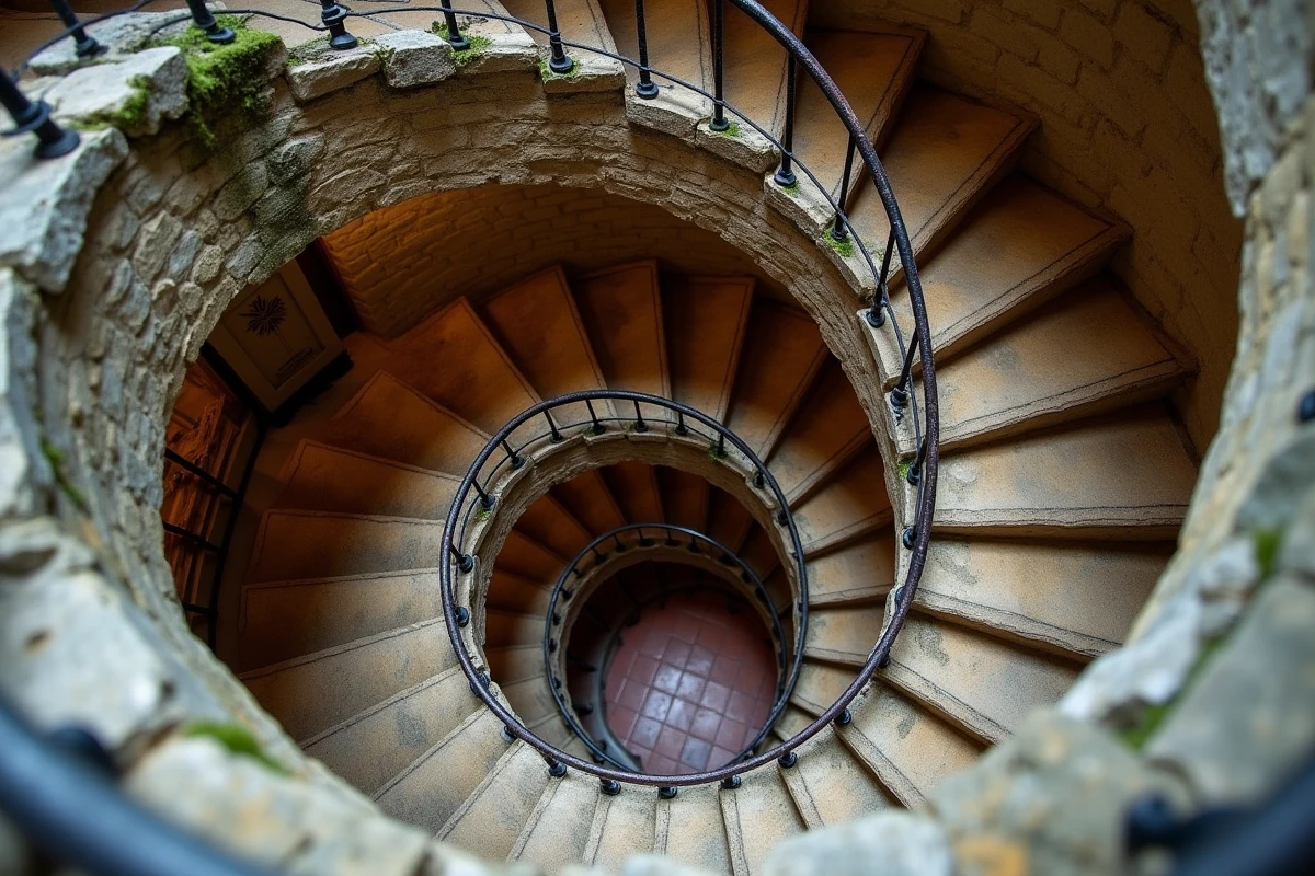 Escalier en colimaçon en pierre descendant vers une cave à vin souterraine vue de dessus