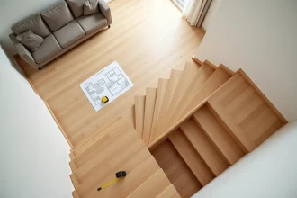 Escalier en bois dans un salon moderne avec mètre ruban, illustrant le calcul de la surface au sol