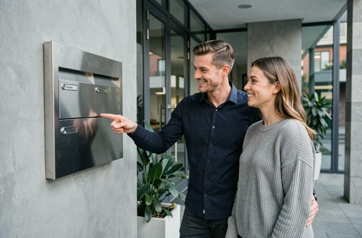 Couple souriant devant des boîtes aux lettres d'immeuble avec étiquettes imprimées pour deux noms