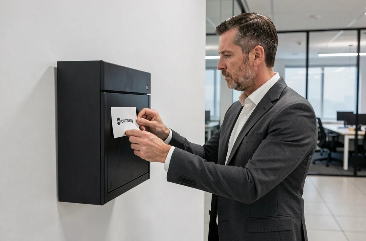 Homme en costume fixant une étiquette imprimée au nom d'une entreprise sur une boîte aux lettres professionnelle en couloir de bureau