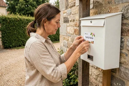 Femme collant une étiquette imprimée avec le nom de famille sur une boîte aux lettres blanche à l'entrée d'une maison