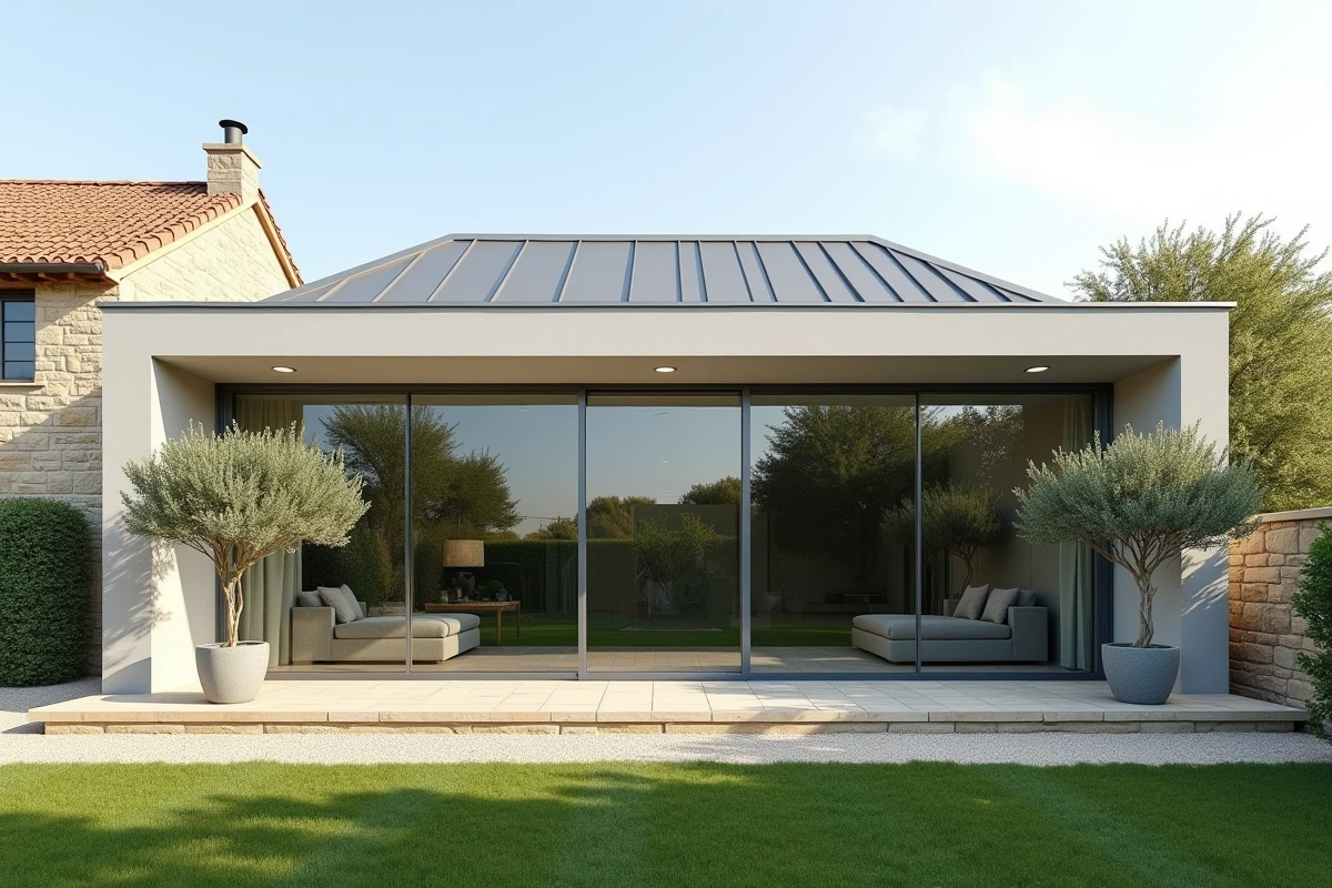 Extension contemporaine de 50m² avec baies vitrées et enduit gris clair accolée à une maison en pierre rénovée