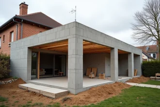 Extension de maison de 50m² en cours de construction avec structure en parpaings et charpente bois dans un jardin pavillonnaire