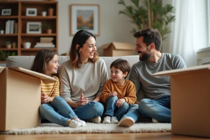 Famille réunie dans un salon en cours de déménagement, entourée de cartons ouverts, partageant un moment de dialogue rassurant
