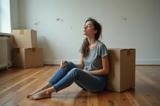 Femme épuisée assise par terre entourée de cartons après un déménagement