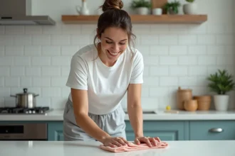 Femme accro au ménage en train de frotter énergiquement son plan de travail dans une cuisine moderne et impeccable