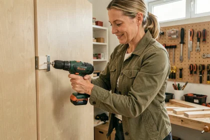 Femme bricolant avec une visseuse sans fil légère et ergonomique dans un atelier domestique