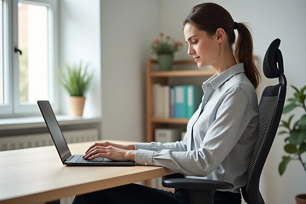Femme assise dans une chaise ergonomique noire dans un bureau moderne, posture droite et confortable au travail