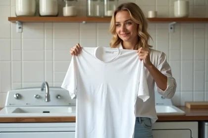 Femme tenant une chemise blanche retrouvée après lavage dans une buanderie domestique propre et organisée