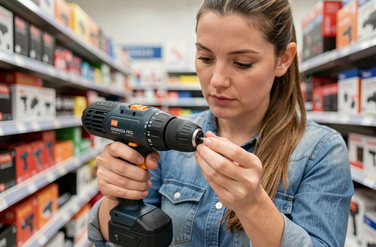 Femme comparant une visseuse légère et ergonomique dans un magasin de bricolage