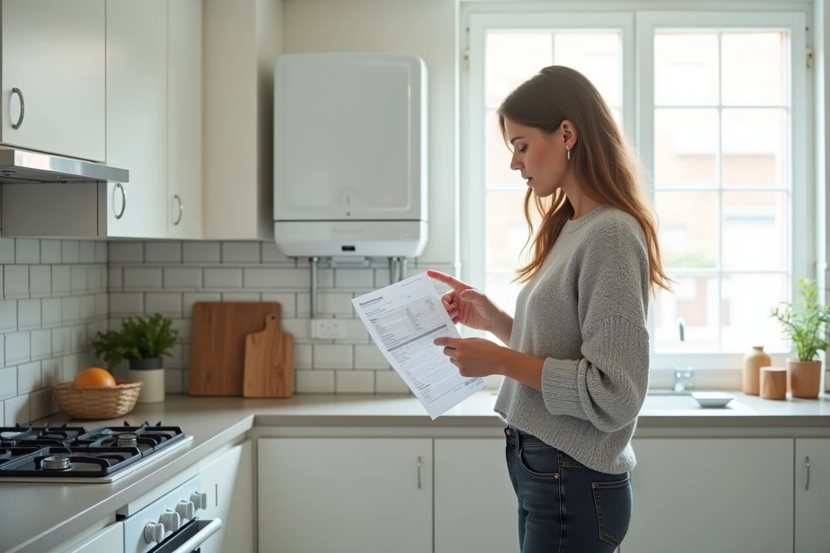 Femme comparant ses factures d'énergie face à un chauffe-eau thermodynamique dans une cuisine moderne