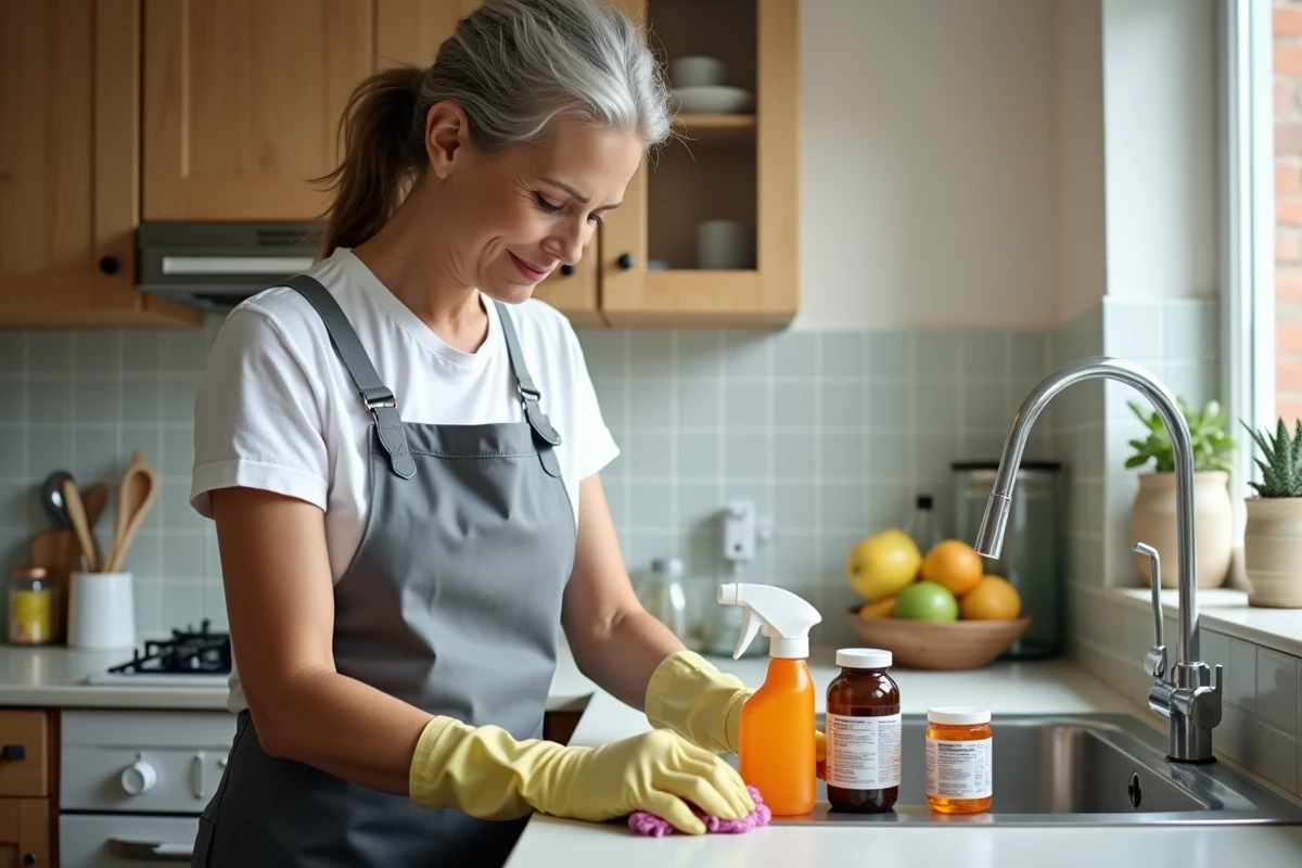 Femme de ménage respectant les médicaments sur le comptoir de cuisine sans y toucher